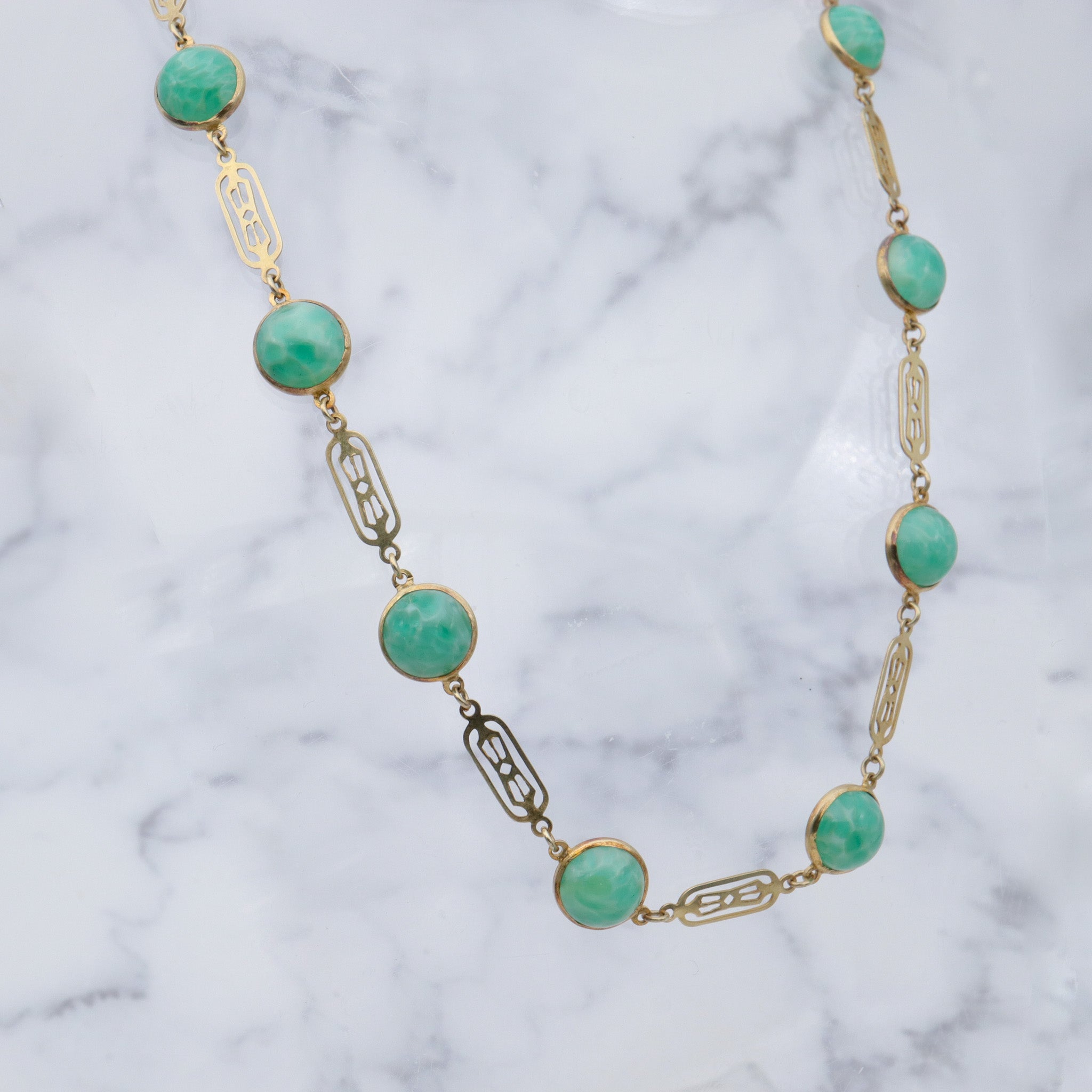 Antique art deco Chinese vermeil sterling tile link & peking glass cabochons necklace - 15"